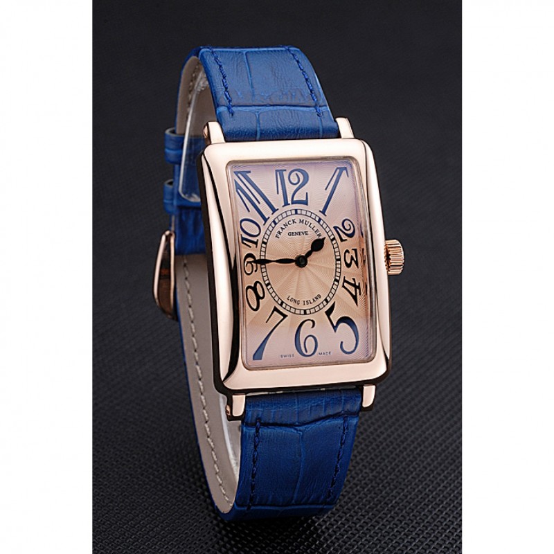 Franck Muller Long Island Classic Gold Dial Gold Case Blue Leather Band 622367-1