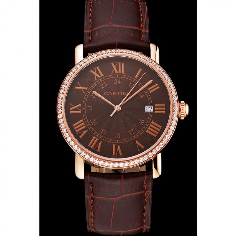 Cartier Ronde Solo Brown Dial Diamond Bezel Rose Gold Case Brown Leather Strap-1