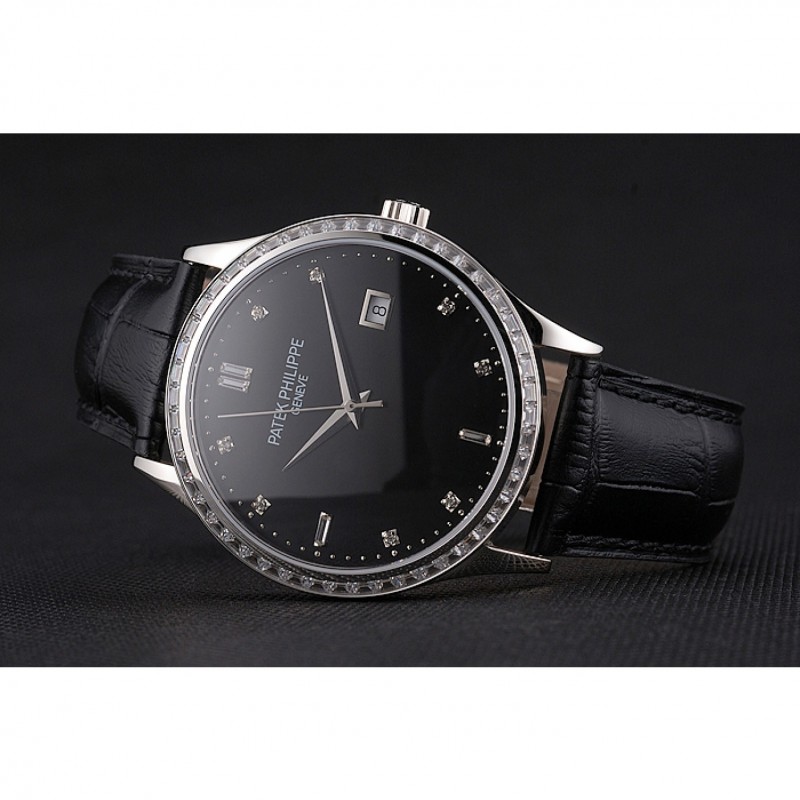 Best Replica Watches Swiss Patek Philippe Calatrava Black Dial Diamond Bezel Stainless Steel Case Black Leather Strap-3