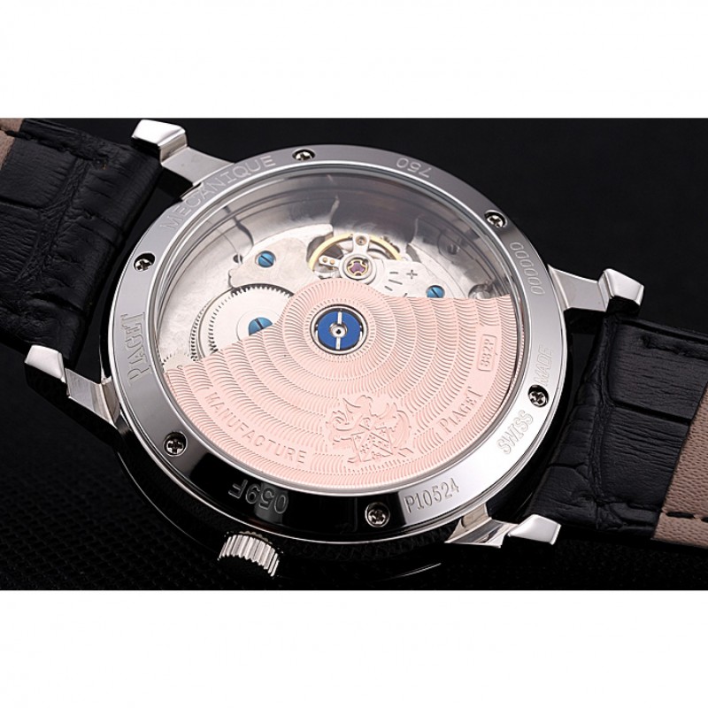 Cheap Piaget Altiplano Date Black Dial Stainless Steel Case Black Leather Strap-7