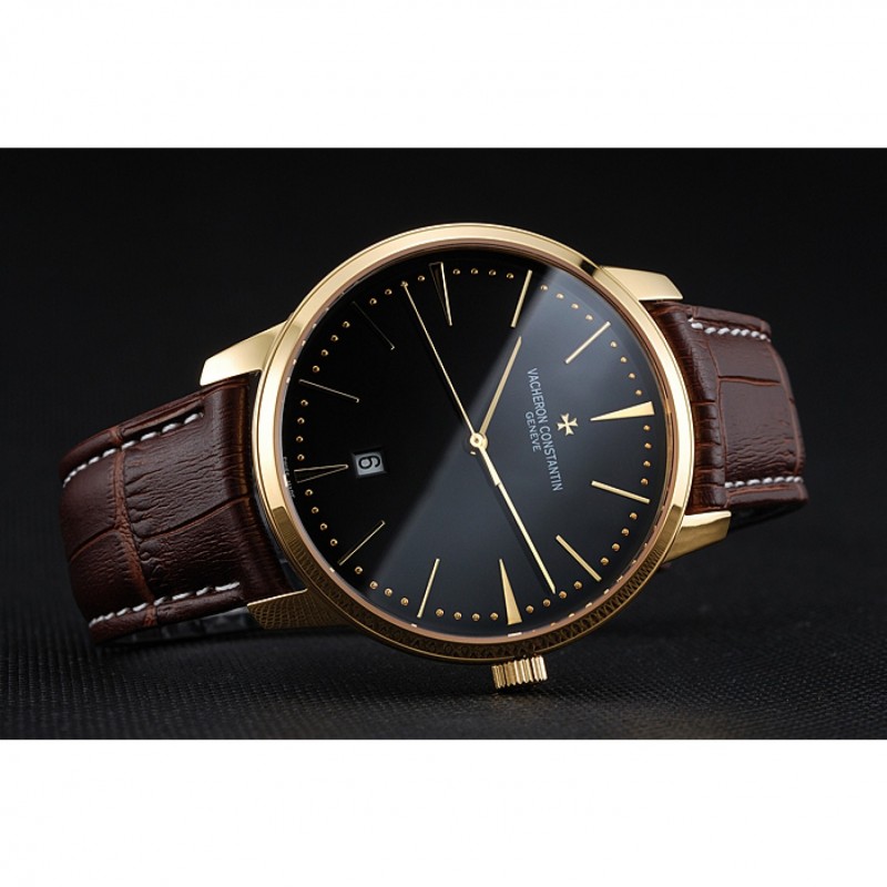 SS Replica Watches Swiss Vacheron Constantin Patrimony Black Dial Gold Case Brown Leather Bracelet 1454179-4