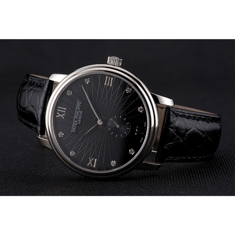 High End Patek Philippe Calatrava Dark Gray Dial Stainless Steel Case Black Leather Strap-3