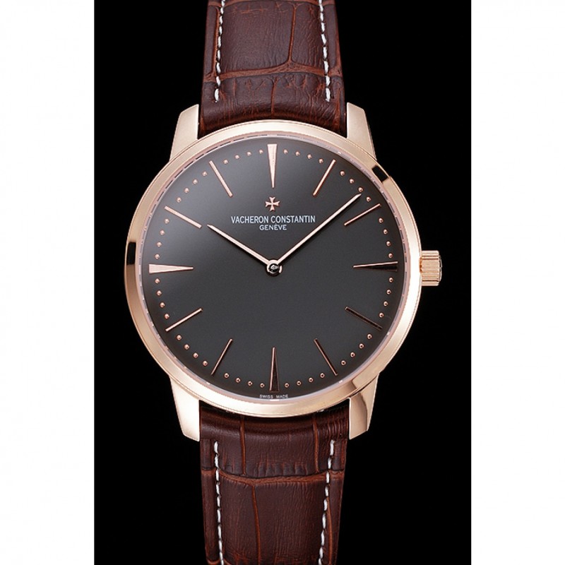 Swiss Vacheron Constantin Patrimony Grey Dial Rose Gold Case Brown Leather Bracelet 1454166-1