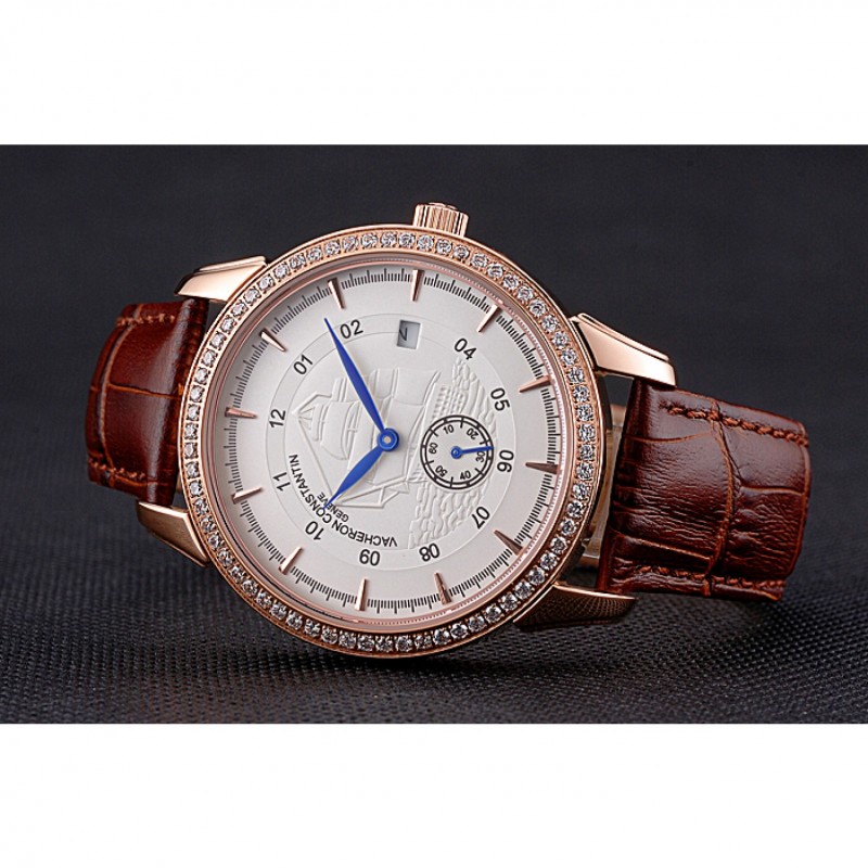 Luxury Vacheron Constantin Traditionnelle White Ship Dial Rose Gold Case With Diamonds Brown Leather Strap-3