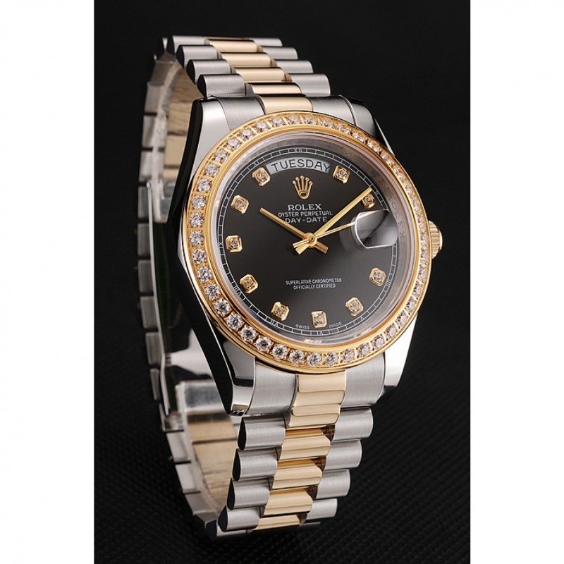 Swiss Rolex Day-Date Black Dial Gold Diamond Case Two Tone Stainless Steel Bracelet 1453975-1