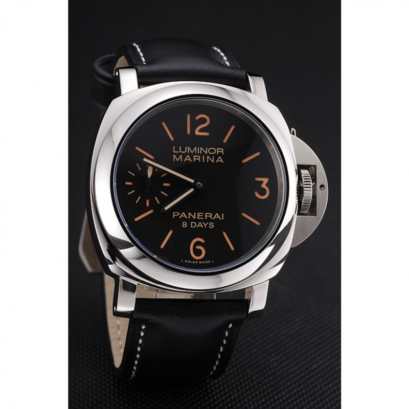 High Quality Panerai Luminor Marina 8 Days Black Dial Stainless Steel Case Black Leather Strap-2