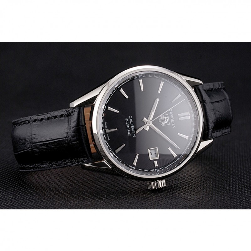 Swiss Tag Heuer Carrera Calibre 5 Black Dial Stainless Steel Case Black Leather Strap-4