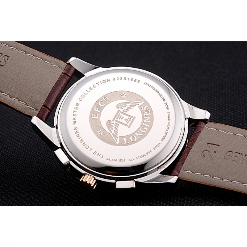 High End Longines Column Wheel Black Dial Two Tone Case Brown Leather Strap-8