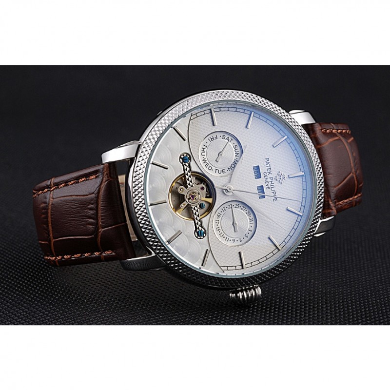 Patek Philippe Day Date Tourbillon White Dial Stainless Steel Case Embossed Bezel Brown Leather Strap 622837-4