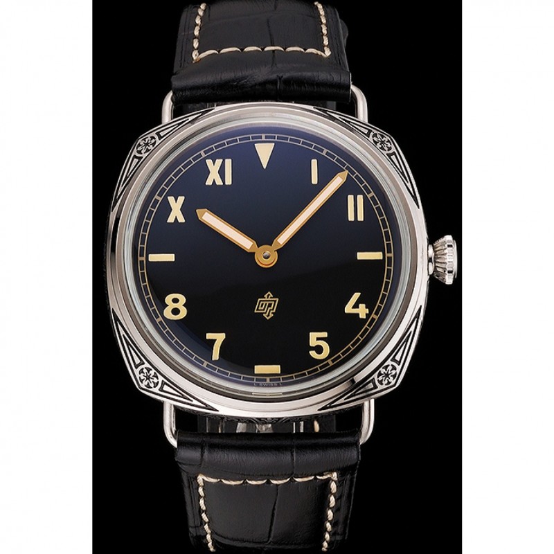SS Panerai Radiomir Firenze PAM604 Black Dial Roman Numerals Engraved Stainless Steel Case Black Leather Strap-1
