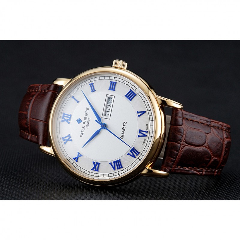 Luxury Patek Philippe Calatrava White Dial Blue Roman Numerals Gold Case Brown Leather Bracelet 1454057-4
