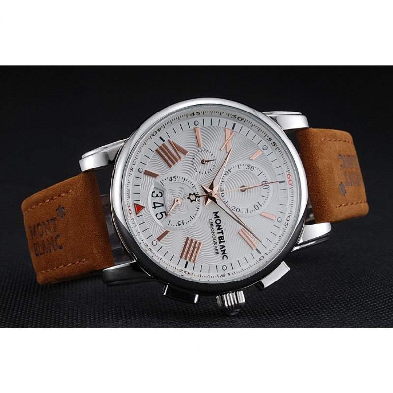 Montblanc Chronograph White Dial Brown Suede Leather Bracelet Silver Case 1454115-3