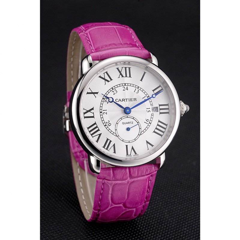 Cartier Ronde Louis Cartier White Dial Stainless Steel Case Fuchsia Leather Strap-2