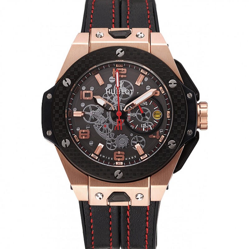 SS Replica Watches Hublot Big Bang Ferrari Silver Dial Carbon Bezel Gold Case Black Leather Strap 622769-0