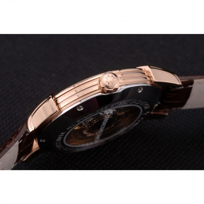 Swiss Vacheron Constantin Traditionnelle White Dial Rose Gold Case Brown Leather Bracelet-8