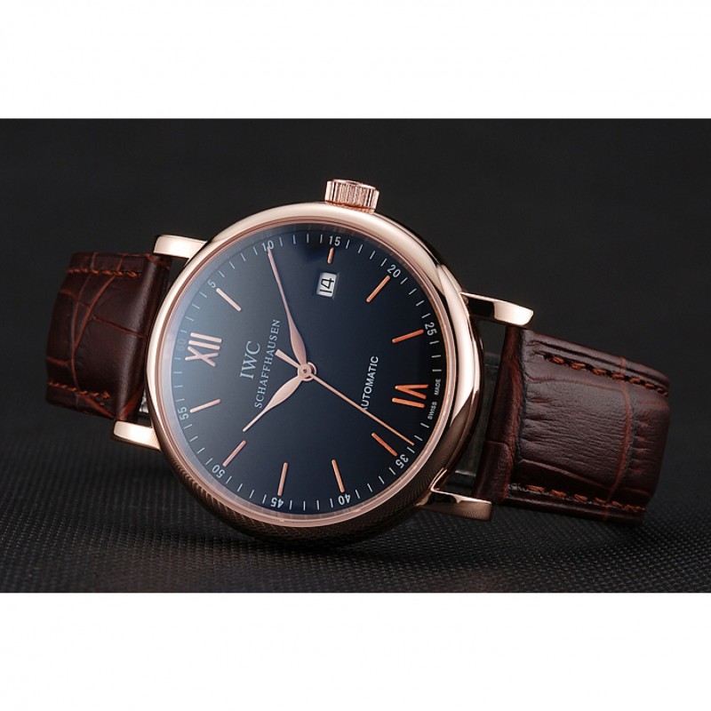 Best Replica Watches Swiss IWC Portofino Gold Case Black Dial Brown Leather Bracelet 622669-4
