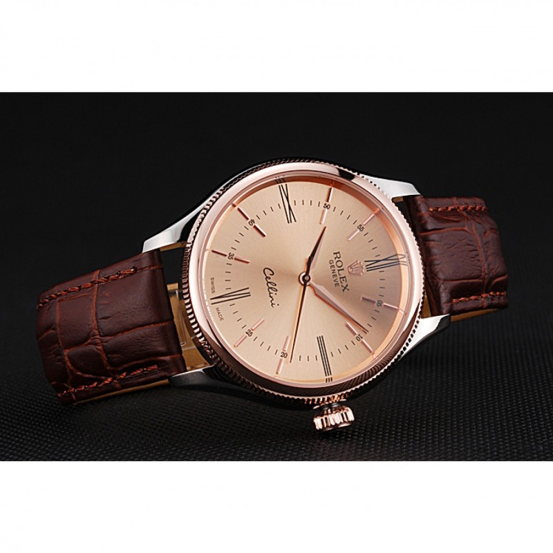 Rolex Cellini Gold Dial And Bezel Stainless Steel Case Brown Leather Strap 622840-4