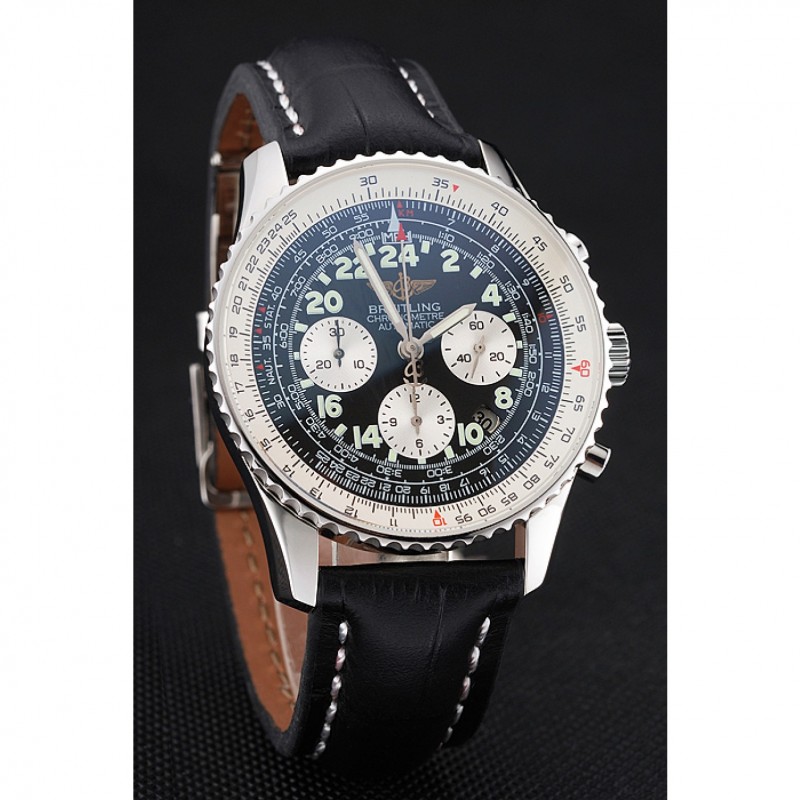 Swiss Breitling Navitimer Cosmonaute Black Dial Stainless Steel Case Black Leather Strap-2