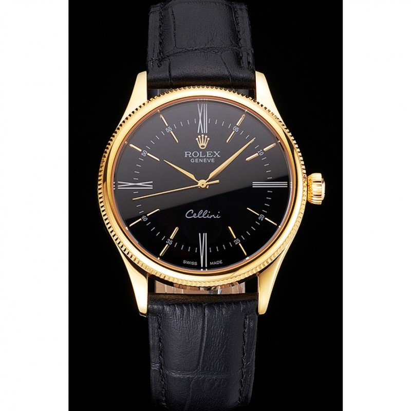 Swiss Rolex Cellini Black Dial Roman Numerals Gold Case Black Leather Strap-1