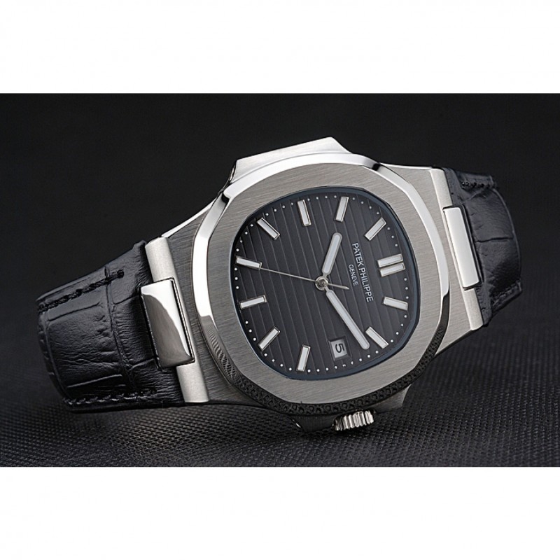 Patek Philippe Nautilus Black Dial Brushed Stainless Steel Case Black Leather Strap-4