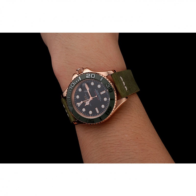 Rolex Yacht Master Black Dial Green Bezel Rose Gold Case Green Leather Bracelet 1453862-8