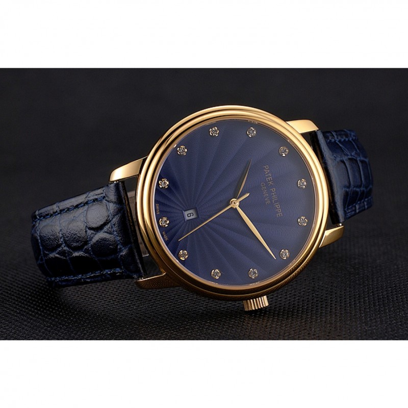 Patek Philippe Calatrava Date Blue Guilloche Dial Gold Case Blue Leather Strap-4