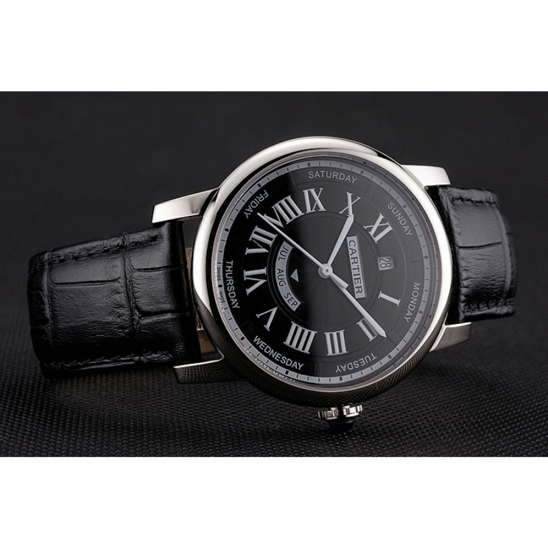 SS Replica Watches Swiss Cartier Rotonde Annual Calendar Black Dial Stainless Steel Case Black Leather Strap-4
