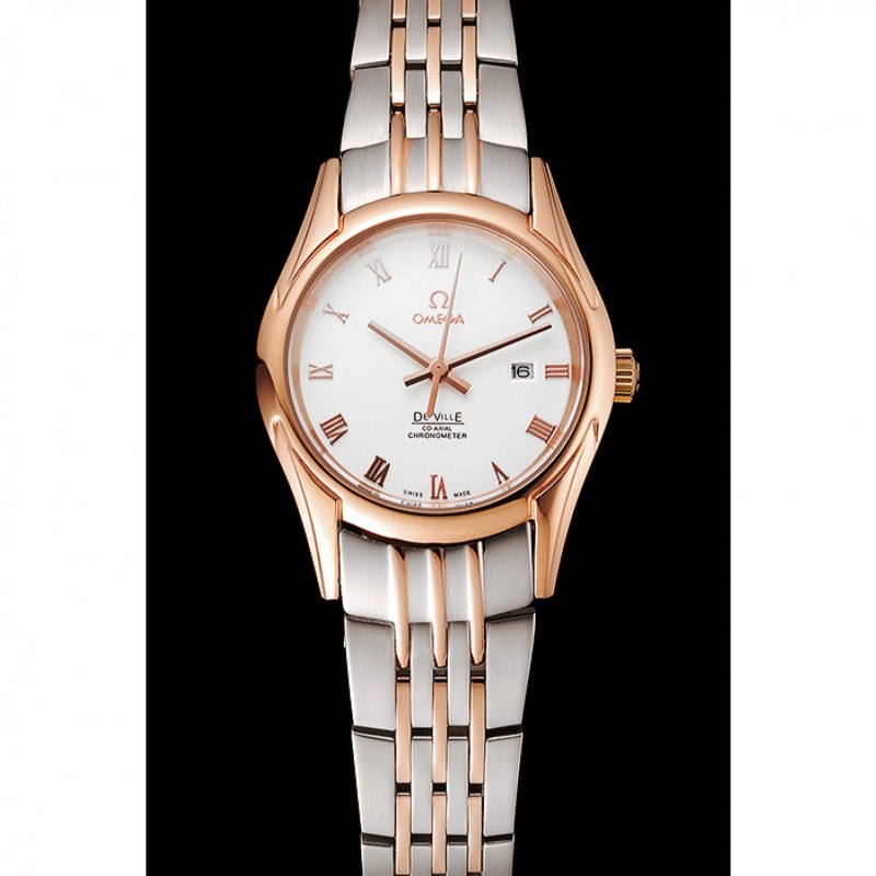 Omega De Ville Ladies White Dial Rose Gold Case Two Tone Bracelet 1453782-1