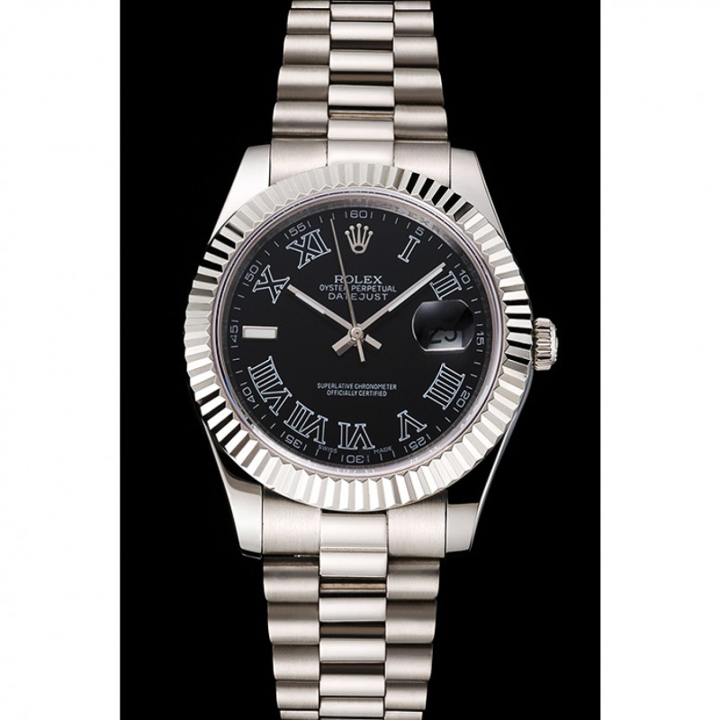 Swiss Rolex Datejust Black Dial Roman Numerals Stainless Steel Case And Bracelet-1