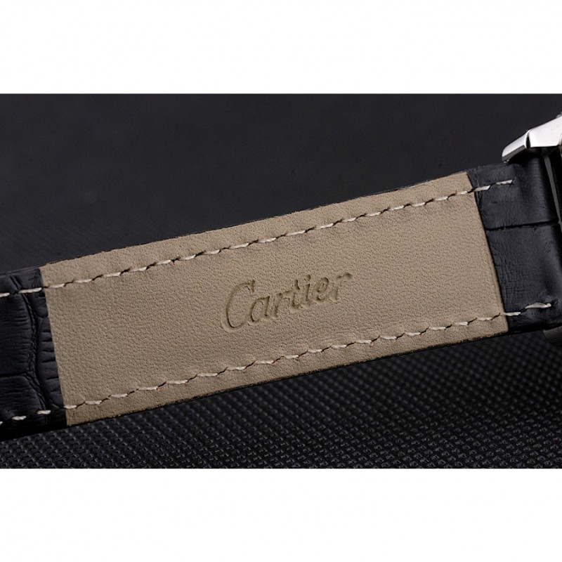 Cartier Tortue Large Date Black Dial Stainless Steel Case Black Leather Strap-7