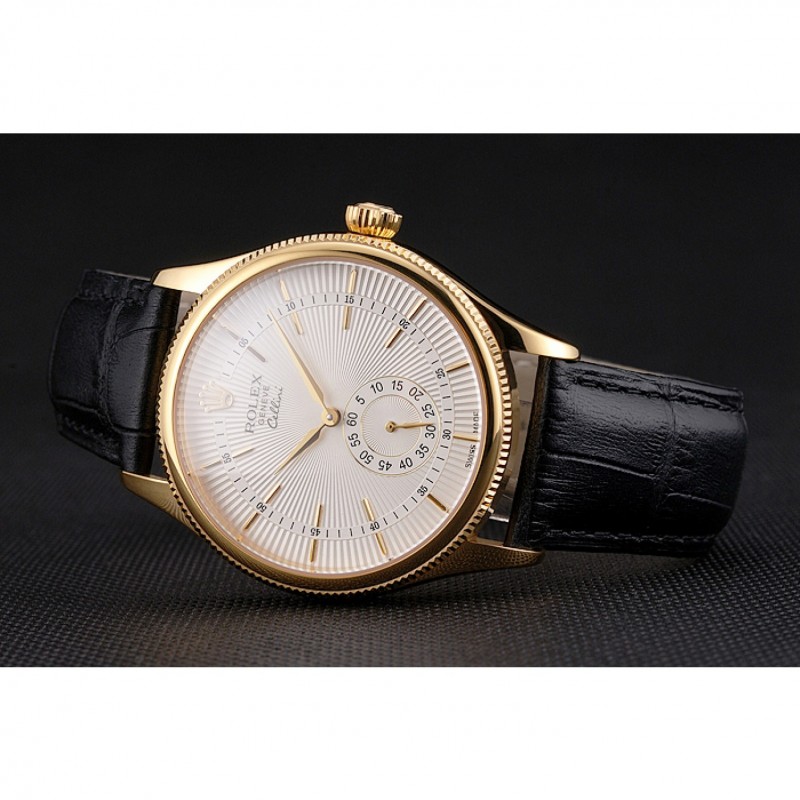 High End Swiss Rolex Cellini White Dial Gold Case Black Leather Strap-3