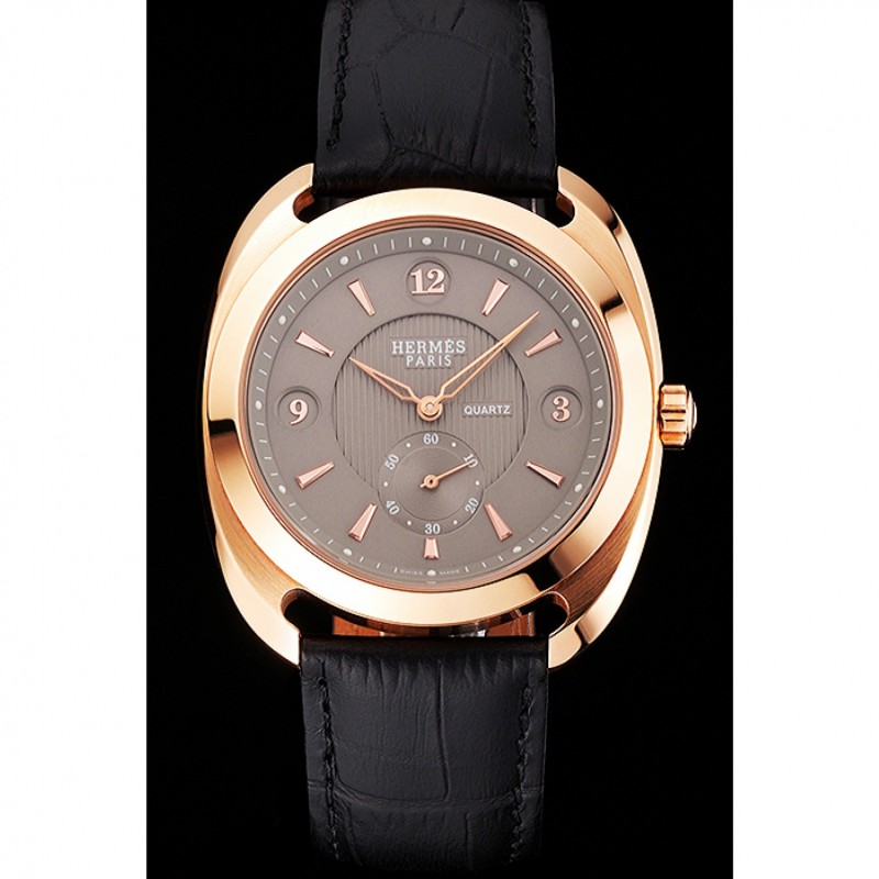 Hermes Dressage Light Brown Dial Rose Gold Case Black Leather Strap-1