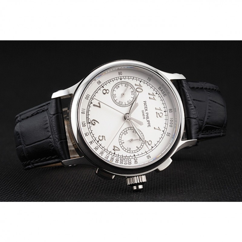 Swiss Patek Philippe Split Seconds Chronograph White Dial Silver Numerals Stainless Steel Case Black Leather Strap-2