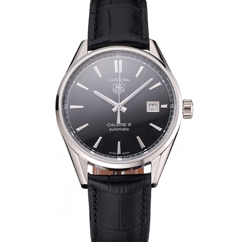 Swiss Tag Heuer Carrera Calibre 5 Black Dial Stainless Steel Case Black Leather Strap-0