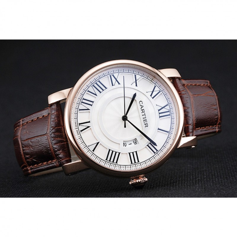 Cartier Rotonde White Dial Gold Case Brown Leather Bracelet 1454221-4