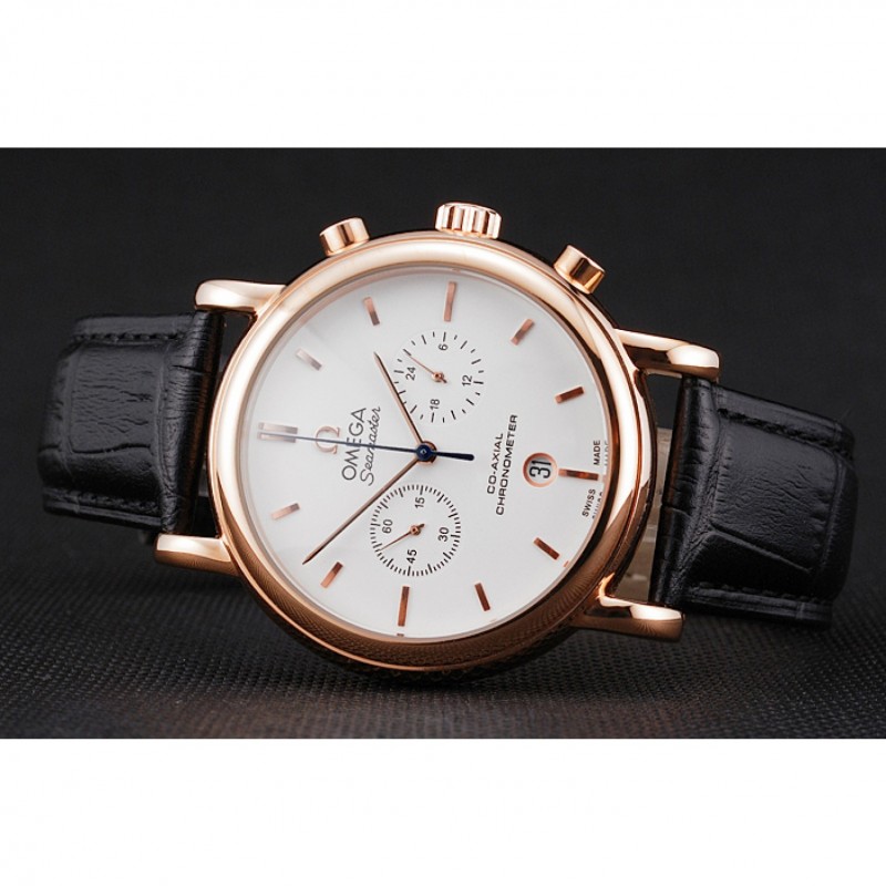 SS Replica Watches Omega Seamaster Vintage Chronograph White Dial Rose Gold Case Black Leather Strap-3
