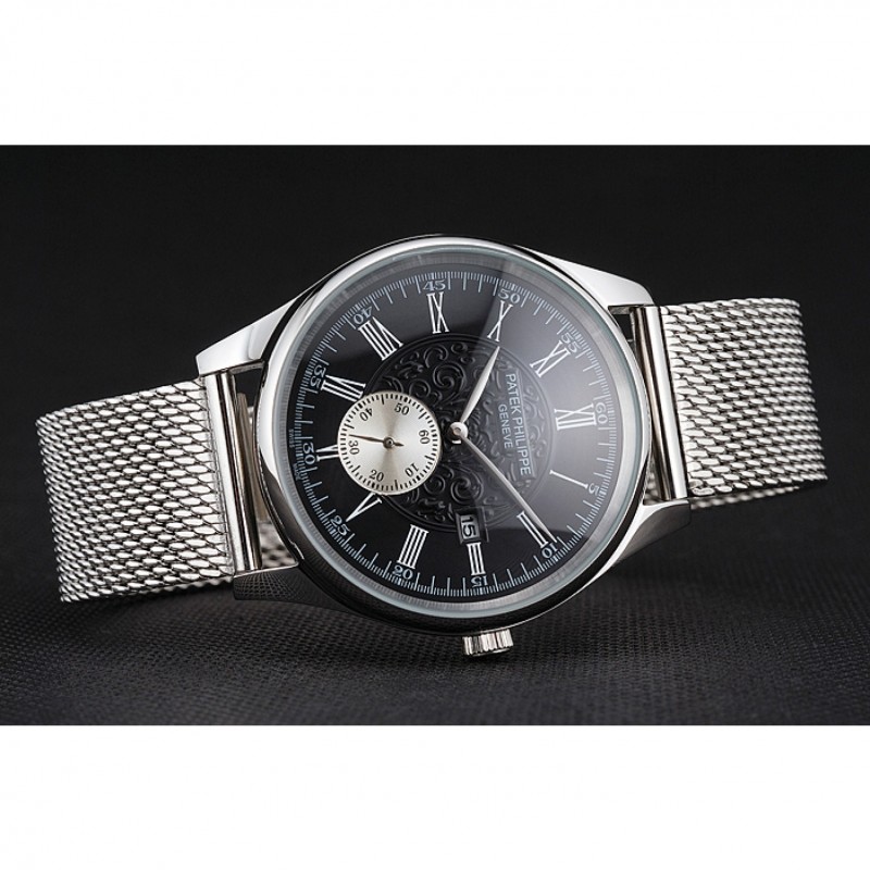 Patek Philippe Calatrava Small Seconds Black Engraved Dial Stainless Steel Case And Bracelet-4