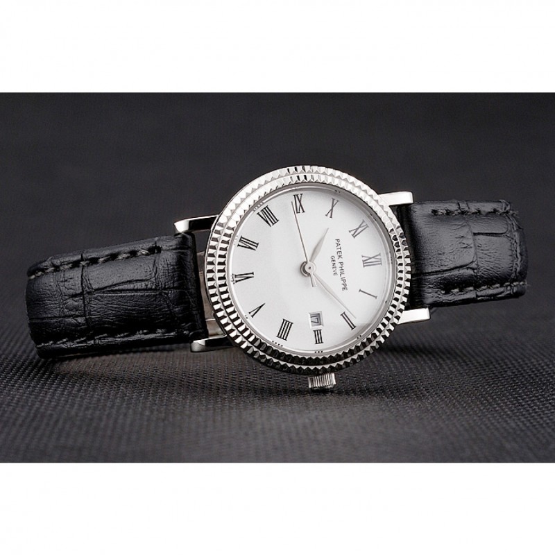 Patek Philippe Calatrava White Dial Roman Numerals Double Ribbed Bezel Stainless Steel Case Black Leather Strap-4