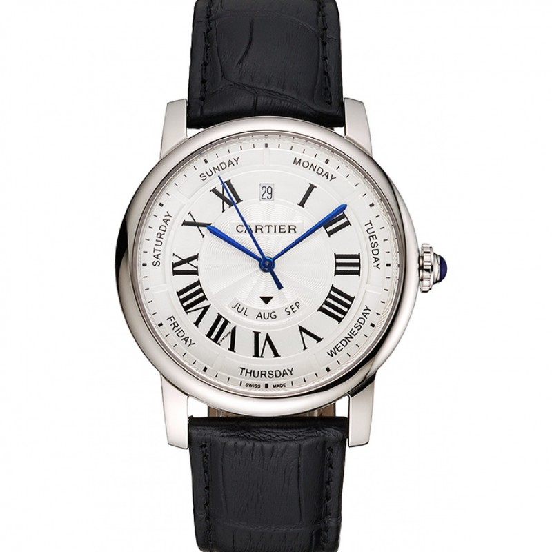 Swiss Cartier Rotonde Annual Calendar White Dial Stainless Steel Case Black Leather Strap-0