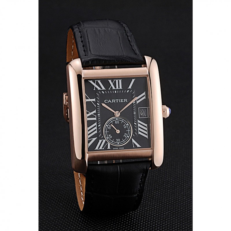 AAA Cartier Tank MC Black Dial Gold Case Black Leather Strap 622580-2