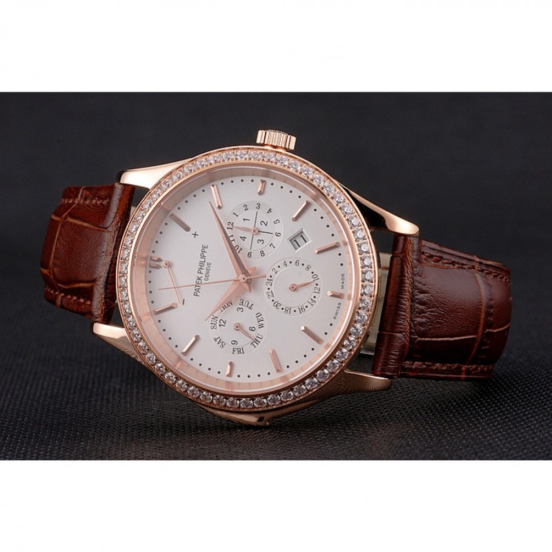 Cheap Replica Watches Swiss Patek Philippe Grand Complications Perpetual Calendar White Dial Rose Gold Case Diamond Bezel Brown Leather Strap-4