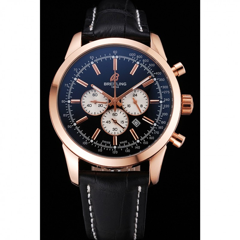 High Quality Replica Watches Breitling Transocean Black Dial Black Leather Strap Rose Gold Bezel 98204-1