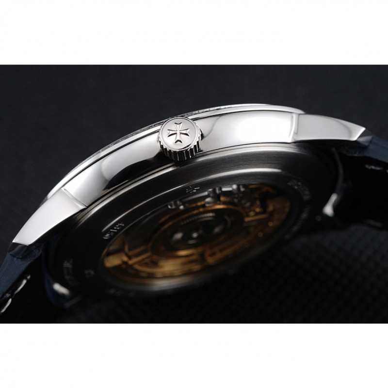 High End Replica Watches Swiss Vacheron Constantin Patrimony Silver Dial Silver Diamonds Case Blue Leather Bracelet 1454161-5