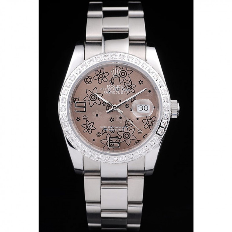 Rolex Datejust Polished Stainless Steel Brown Flowers Dial Diamond Plated-1