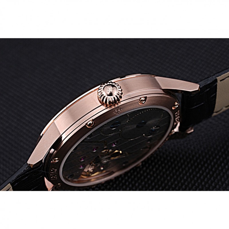 AAA Patek Philippe Geneve Two Dial Black Dial Rose Gold Bezel Black Leather Band 622146-8
