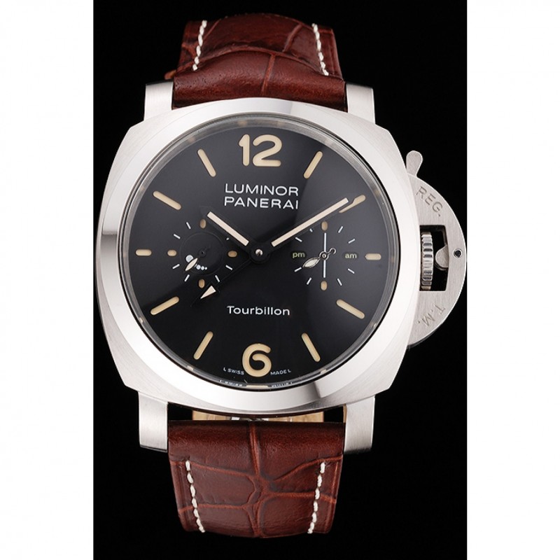 SS Replica Watches Panerai Luminor 1950 Tourbillon GMT Black Dial Stainless Steel Case Brown Leather Strap-1