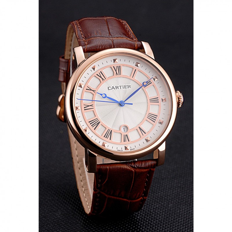 SS Cartier Rotonde Date White Dial Rose Gold Case Brown Leather Strap-2