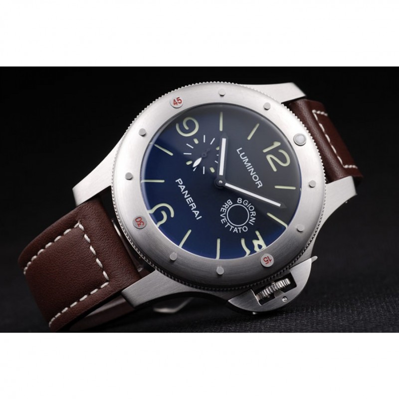 Panerai Luminor Brushed Stainless Steel Case Black Dial Dark Brown Leather Strap-3