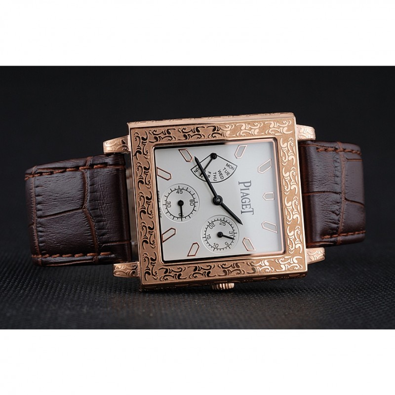 Luxury Replica Watches Piaget Emperador Limited Edition White Dial Engraved Rose Gold Case Brown Leather Bracelet 1454140-4