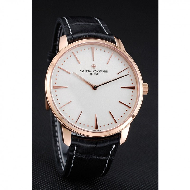Swiss Vacheron Constantin Patrimony White Dial Rose Gold Case Black Leather Bracelet 1454165-2